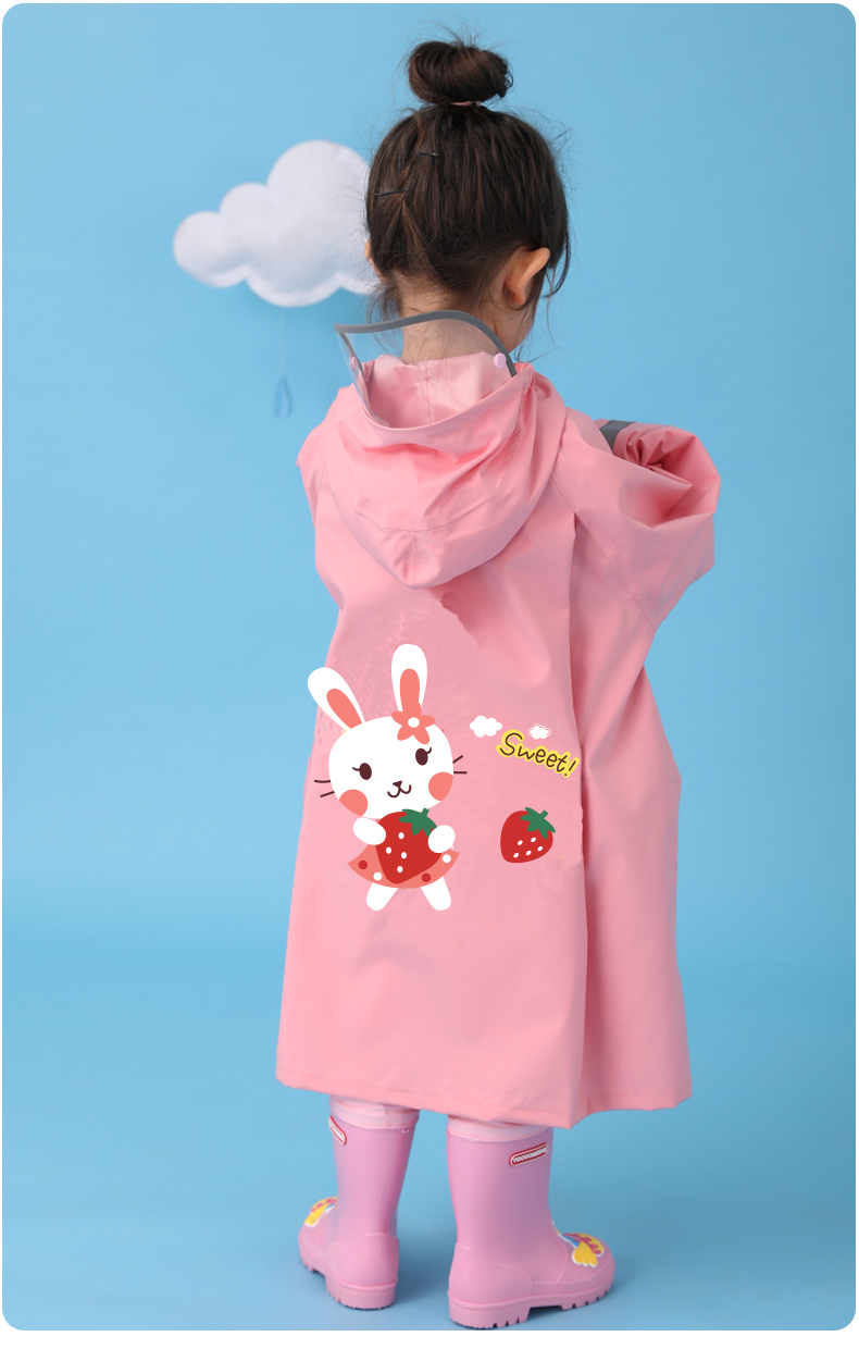 防水防風草莓兔兔粉色可背書包兒童雨衣